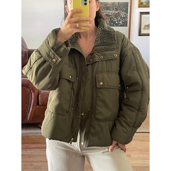 Pilcro by Anthropologie Jackets & Blazers - Pilcro Olive Green Cropped Puffer Jacket Sherpa Collar Size Small